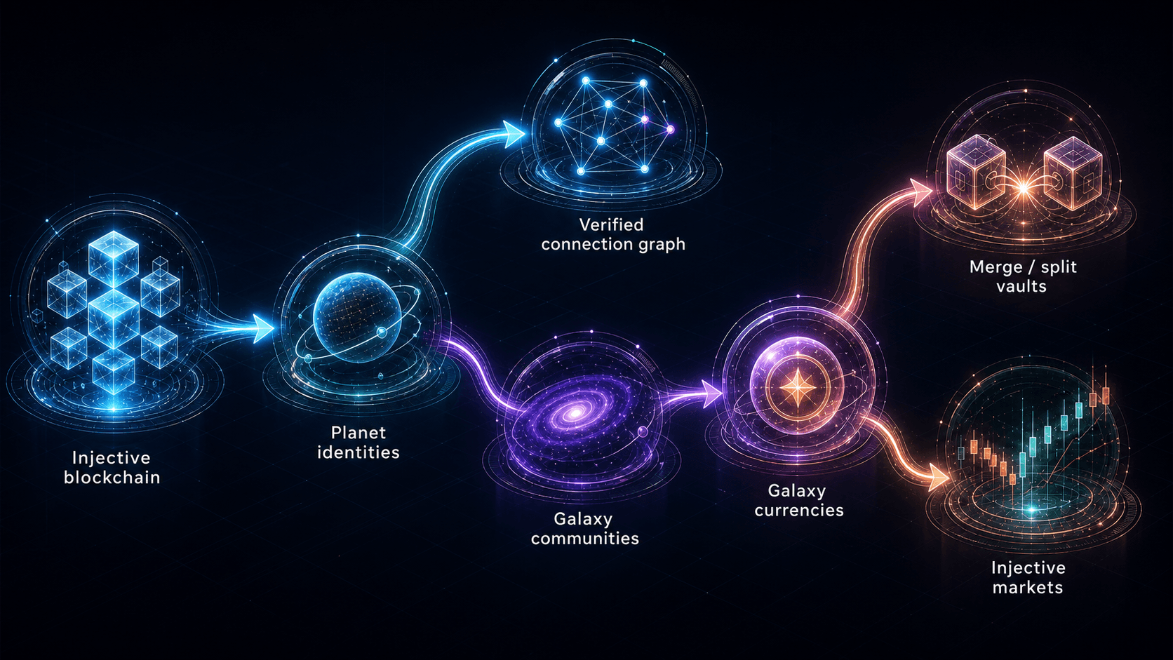 Injective ecosystem flow from blockchain infrastructure through planet identities, verified connections, galaxy communities and currencies to vaults and markets